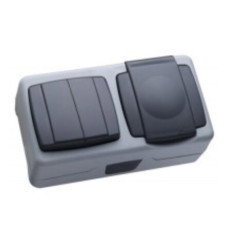 02419 MAKEL Вимикач подвійний+розетка з кришкою IP55 сіра Плюс